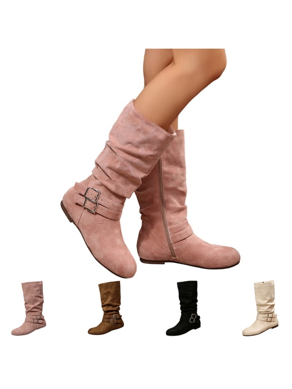 Women's Low Heel Mid Calf Boots with Side Zipper Buckle Accent Flat Heel Faux Suede Slouchy Outdoor Footwear Casual Non-Slip Fall Winter Boots Pink 7 Wide