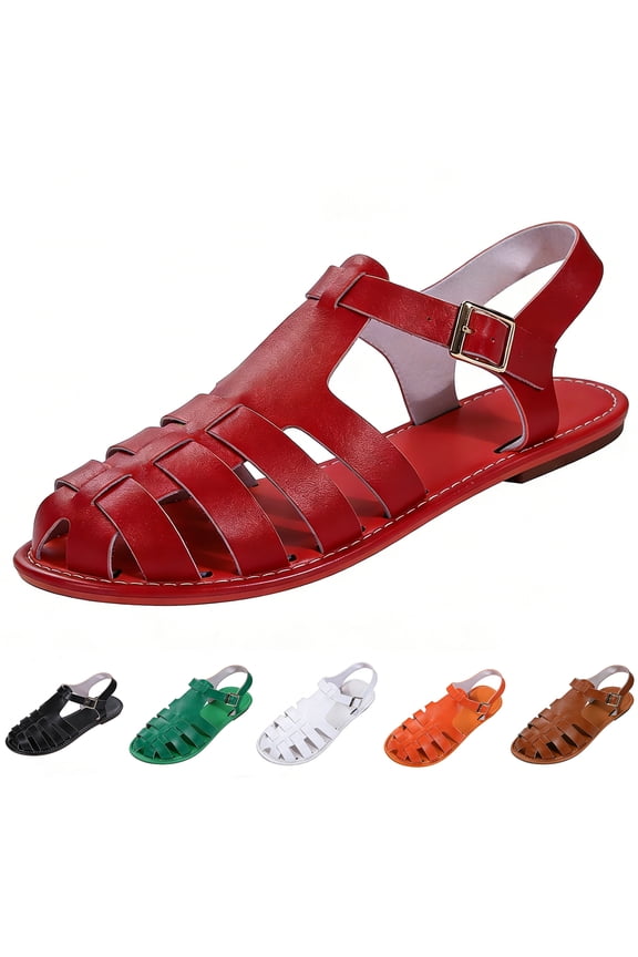 Women's Low Heel Sandals 2026 Summer New Closed Toe Slingback Ankle Strap Sheer Soft Fisherman Beach Shoes Red 10 Wide