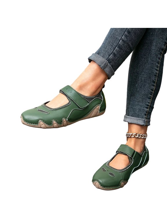 Women's Mary Jane Adjustable Strap Walking Shoes Breathable Lightweight Casual Flats Non-Slip Comfort Tennis Sneakers Green 8 Wide