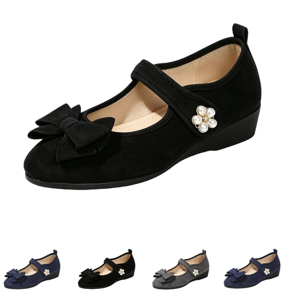 IEMIEMIEM Women's Mary Jane Flats Bow Pearl Rhinestone Floral Dress Shoes Adjustable Strap Low Wedge Comfort Walking Shoes Ballet Flats Casual Wedding Party Ballerina Flat 7 Wide Black