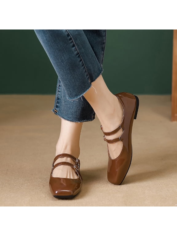 Women's Mary Jane Flats Retro Round Toe Soft Ballet Flats Comfort Double Line Strap Slip On Wedding Dressy Flats Walking Shoes Brown 5.5 Wide