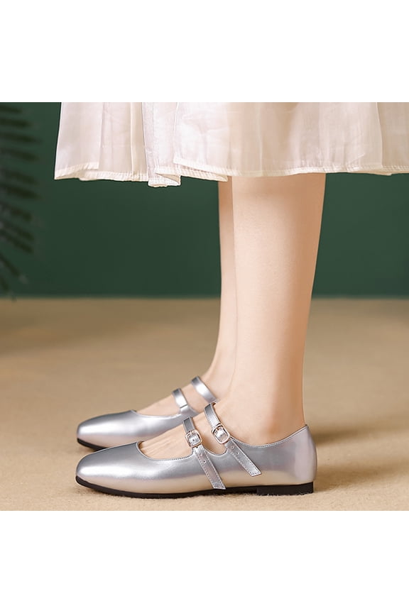 Women's Mary Jane Flats Retro Round Toe Soft Ballet Flats Comfort Double Line Strap Slip On Wedding Dressy Flats Walking Shoes Silver 7 Wide