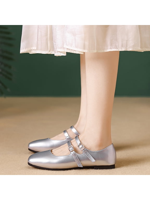 Women's Mary Jane Flats Retro Round Toe Soft Ballet Flats Comfort Double Line Strap Slip On Wedding Dressy Flats Walking Shoes Silver 9 Wide