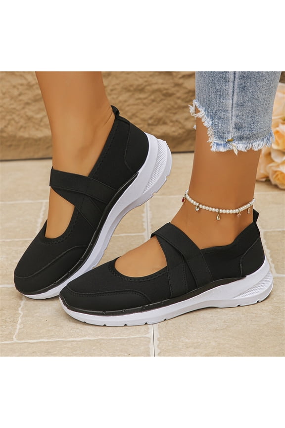 Women's Mary Jane Style Elastic Strap Shoes Lightweight Comfortable Sneakers Non Slip Slip On Casual Shoes Breathable Walking Shoes Black 6.5 Wide