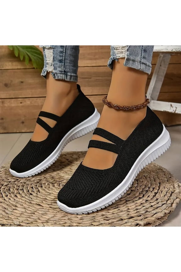 Women's Mary Jane Walking Shoes Comfortable Knit Flats Soft Slip on Dress Shoes for Women Casual Nurse Flats Diabetic Shoes with Arch Support Black 7.5 Wide