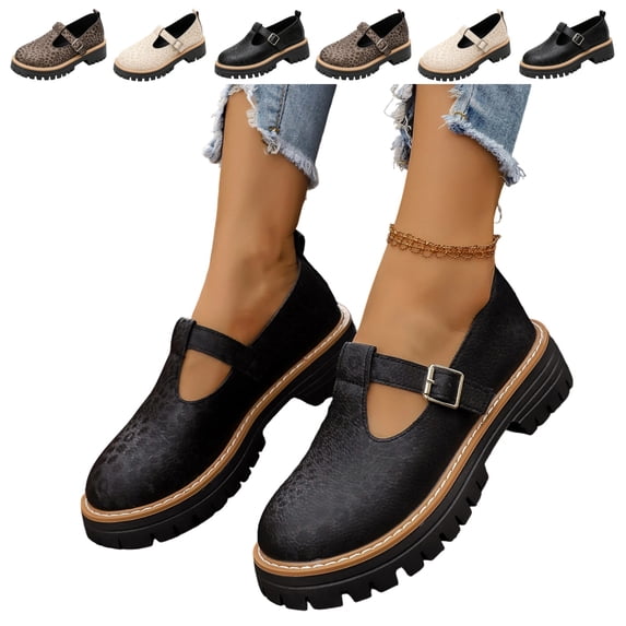 IEMIEMIEM Women's Mary Janes Shoes Leopard Print Faux Leather Oxford Flats Chunky Low Heels Platform Sewing Retro Classics Round Toe Ankle Strap 5.5 wide