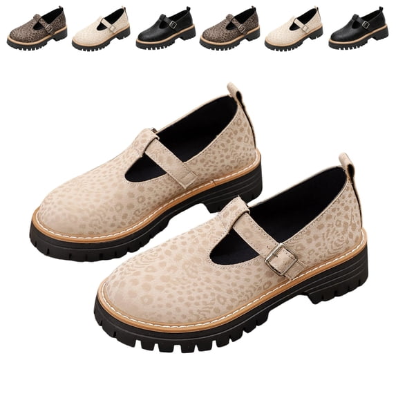 IEMIEMIEM Women's Mary Janes Shoes Leopard Print Faux Leather Oxford Flats Chunky Low Heels Platform Sewing Retro Classics Round Toe Ankle Strap 7 wide