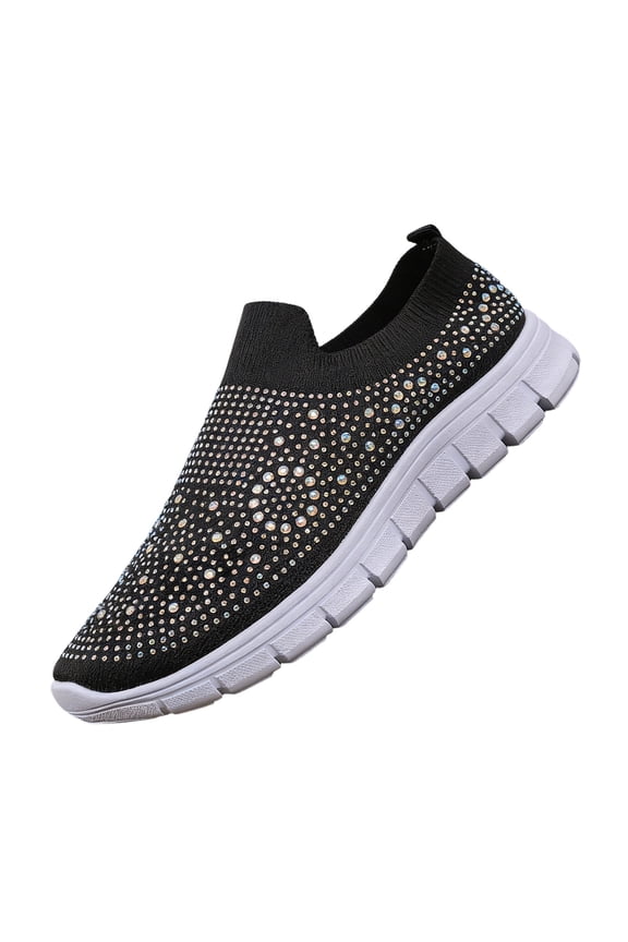 Women's Mesh Sport Shoes Rhinestone Glitter Slip On Tennis Shoes Ballroom Jazz Latin Dance Sock Sneakers 2026 Walking Shoes Black 7 Wide