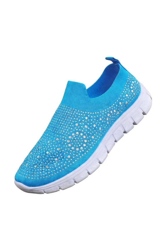 Women's Mesh Sport Shoes Rhinestone Glitter Slip On Tennis Shoes Ballroom Jazz Latin Dance Sock Sneakers 2026 Walking Shoes Blue 8.5 Wide