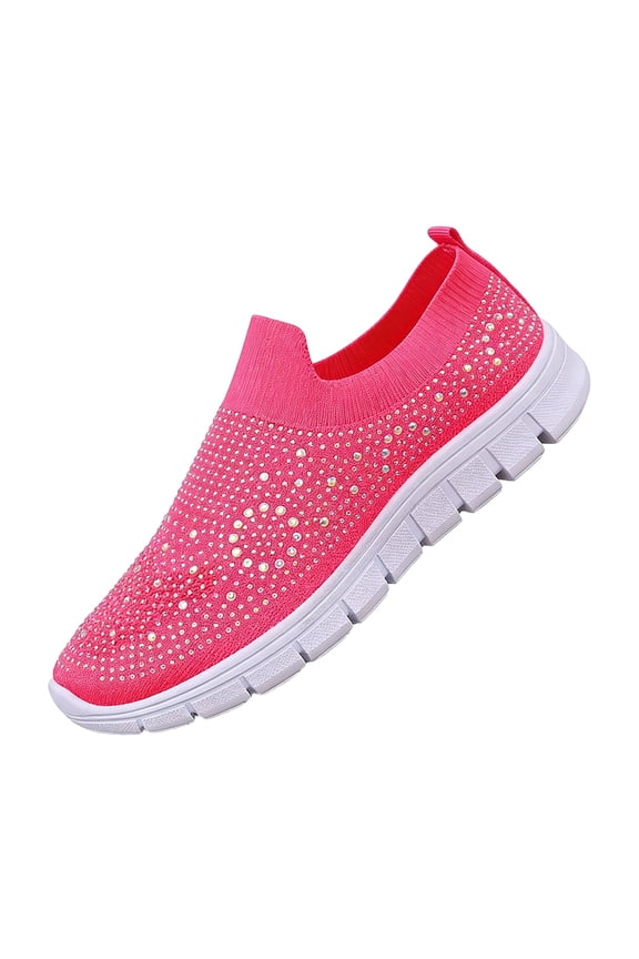Women's Mesh Sport Shoes Rhinestone Glitter Slip On Tennis Shoes Ballroom Jazz Latin Dance Sock Sneakers 2026 Walking Shoes Hot Pink 9 Wide