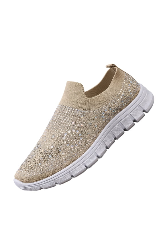 Women's Mesh Sport Shoes Rhinestone Glitter Slip On Tennis Shoes Ballroom Jazz Latin Dance Sock Sneakers 2026 Walking Shoes Khaki 8.5 Wide