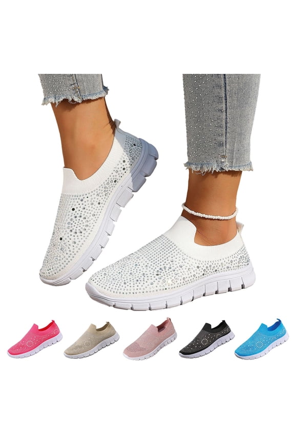 Women's Mesh Sport Shoes Rhinestone Glitter Slip On Tennis Shoes Ballroom Jazz Latin Dance Sock Sneakers 2026 Walking Shoes White 9 Wide