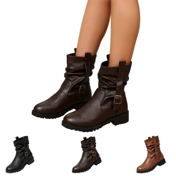 IEMIEMIEM Women's Mid Calf Ankle Boots Vintage Platform Chunky Buckle Low Block Heel Casual Riding Boots 2026 Fashion Slip On Winter Short Boots 5.5 Wide Coffee