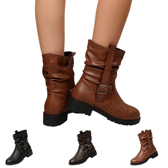 IEMIEMIEM Women's Mid Calf Ankle Boots Vintage Platform Chunky Buckle Low Block Heel Casual Riding Boots 2026 Fashion Slip On Winter Short Boots 7.5 Wide Brown