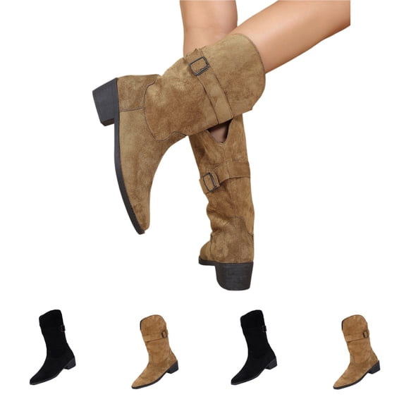IEMIEMIEM Women's Mid Calf Boots Faux Suede Western Cowboy Shoes Adjustable Metal Buckle Pointed Toe Low Block Heel Riding Boots Retro Vintage Casual Boots for Autumn Winter Street Light Brown 7 Wide