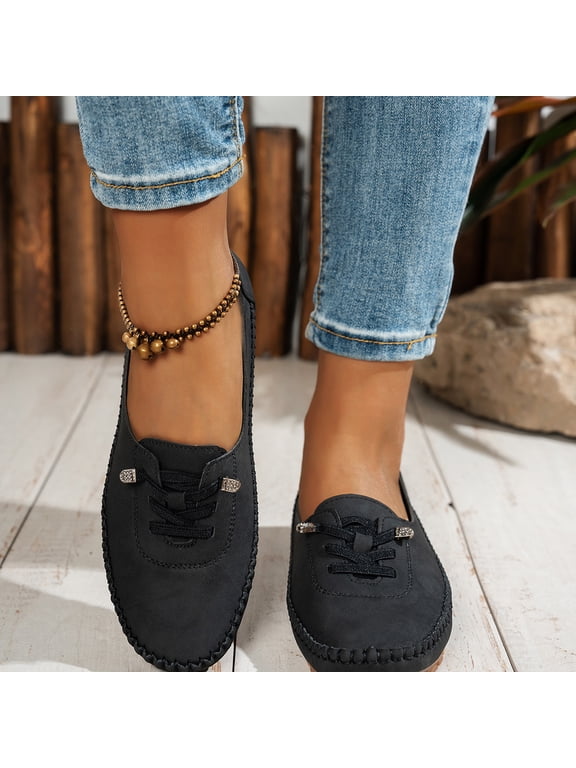 Women's Orthopedic Leather Loafers Slip On Flats Casual Comfortable Walking Shoes with Barefoot Feel Anti-Slip Rubber Sole PU Upper Business Flat Shoes Black 8 Wide