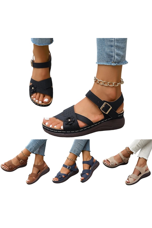 Women's Orthopedic Sandals 2026 Summer Dressy Strappy Arch Support Flat Wedge Sandals Soft Open Toe Ankle Strap Comfortable Platform Slip-On Beach Walking Casual Shoes Black 10 Wide