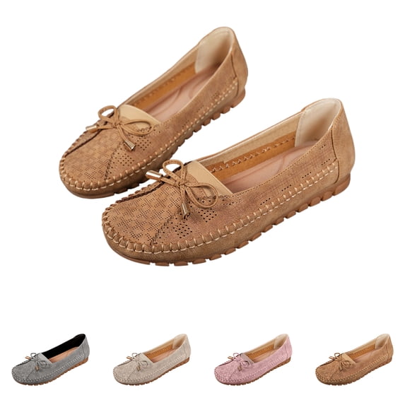 IEMIEMIEM Women's Orthopedic Shoes Leather Lightweight Bow-Knot Loafers Stylish Comfortable Leather Shoes Slip-On Walking Flats for Business Casual Shoes Camel 7.5 Wide