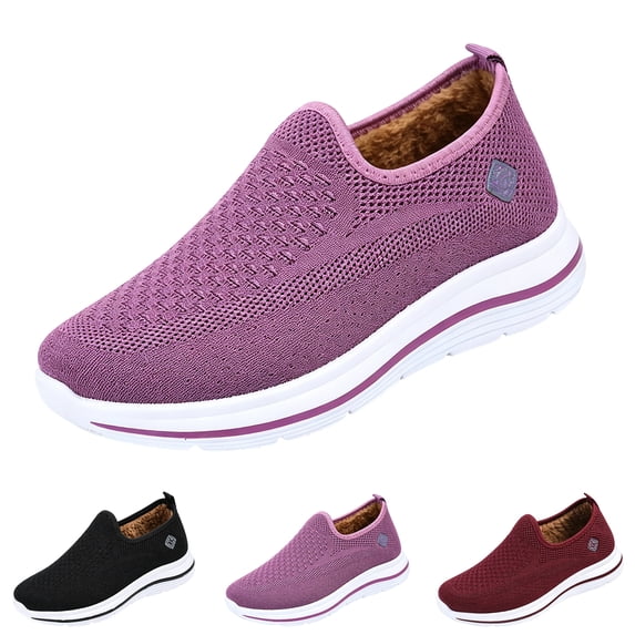 IEMIEMIEM Women's Orthopedic Shoes Walking Mesh Knit Fashion Arch Support Cotton Warm Plush Lined Casual Sneakers Comfort Lightweight Lined Non Slip Snow Booties Purple