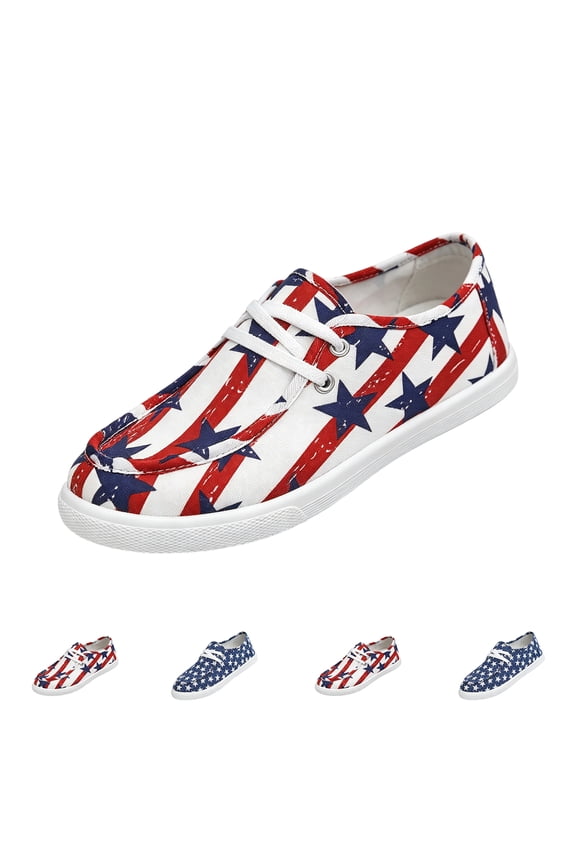 Women's Patriotic Star & Stripe Canvas Slip-On Shoes 4th of July Casual Loafers Lightweight Lace-Up Sneakers for Summer Red 10 Wide