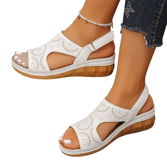 IEMIEMIEM Women's Perforated Leather Sandals Summer Comfortable Leaf Cut-Out Design Adjustable Strap Cushioned Wedge Heel Casual Sandals Walking Shoes White 9 Wide