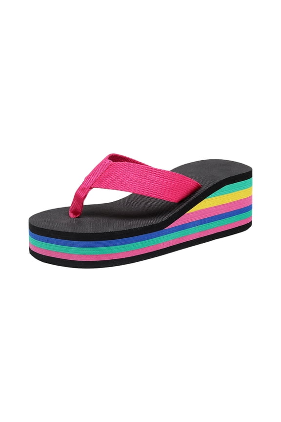 Women's Platform Wedge Flip Flops with Rainbow Printed Sole 2026 Fashionable for Casual Outdoor Style Pink 8 Wide