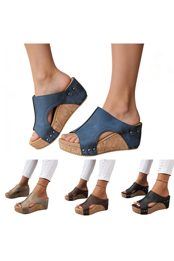 Women's Platform Wedge Sandals Cork Wedges Heels Slip on Platform Slides Sandals Comfortable Open Toe Casual & Dressy 2026 Summer Beach Shoes Blue 5.5 Wide
