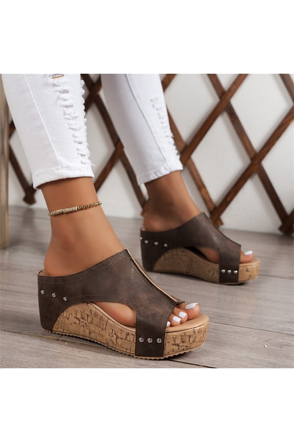 Women's Platform Wedge Sandals Cork Wedges Heels Slip on Platform Slides Sandals Comfortable Open Toe Casual & Dressy 2026 Summer Beach Shoes Coffee 5.5 Wide