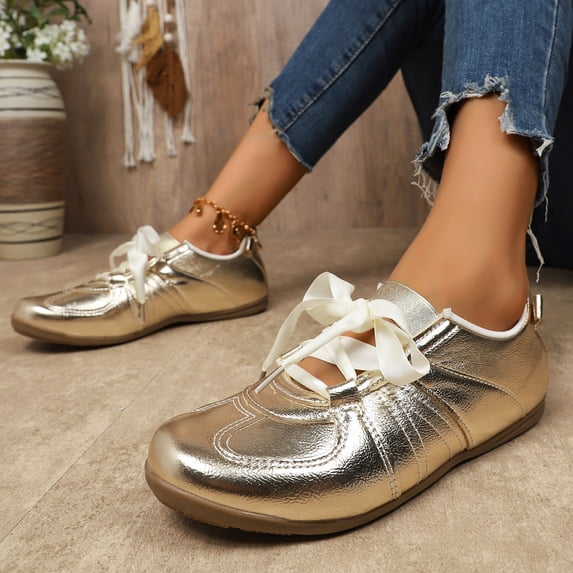 IEMIEMIEM Women's Retro Sneakers Fashion Vintage Trendy Walking Shoes Athletic Non-Slip Lace-Up Casual Comfort Low Top Tennis Shoes Gold 5.5 Wide
