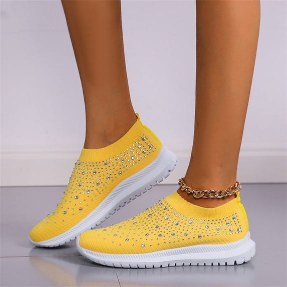 IEMIEMIEM Women's Rhinestone Mesh Shoes Slip On Walking Orthopedic Shoes Fashion Breathable Non Slip Spakle Glitter Sneaker Yellow 5 Wide