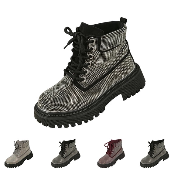 IEMIEMIEM Women's Rhinestone Platform Combat Boots Lace Up Chunky Heel Lug Sole Glitter Ankle Boots Sparkly Fashion Booties for Party Daily Wear Black 9 Wide