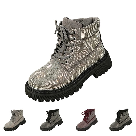 IEMIEMIEM Women's Rhinestone Platform Combat Boots Lace Up Chunky Heel Lug Sole Glitter Ankle Boots Sparkly Fashion Booties for Party Daily Wear Gray 7 Wide
