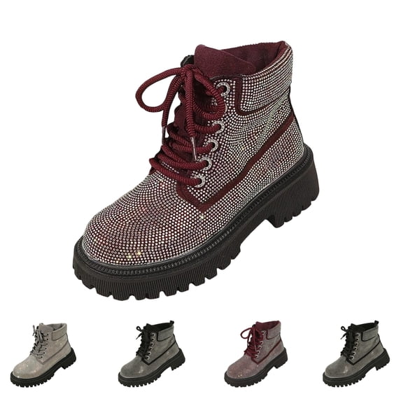 IEMIEMIEM Women's Rhinestone Platform Combat Boots Lace Up Chunky Heel Lug Sole Glitter Ankle Boots Sparkly Fashion Booties for Party Daily Wear Red 5.5 Wide