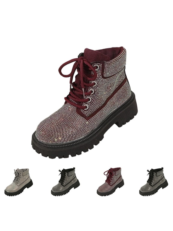 Women's Rhinestone Platform Combat Boots Lace Up Chunky Heel Lug Sole Glitter Ankle Boots Sparkly Fashion Booties for Party Daily Wear Red 8.5 Wide