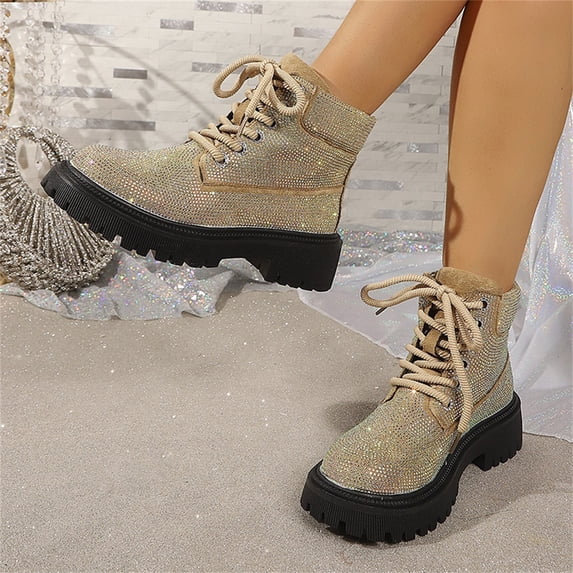 IEMIEMIEM Women's Rhinestone Platform Combat Boots Lace Up Chunky Heel Lug Sole Glitter Ankle Boots Sparkly Fashion Booties for Party Daily Wear Yellow 9 Wide