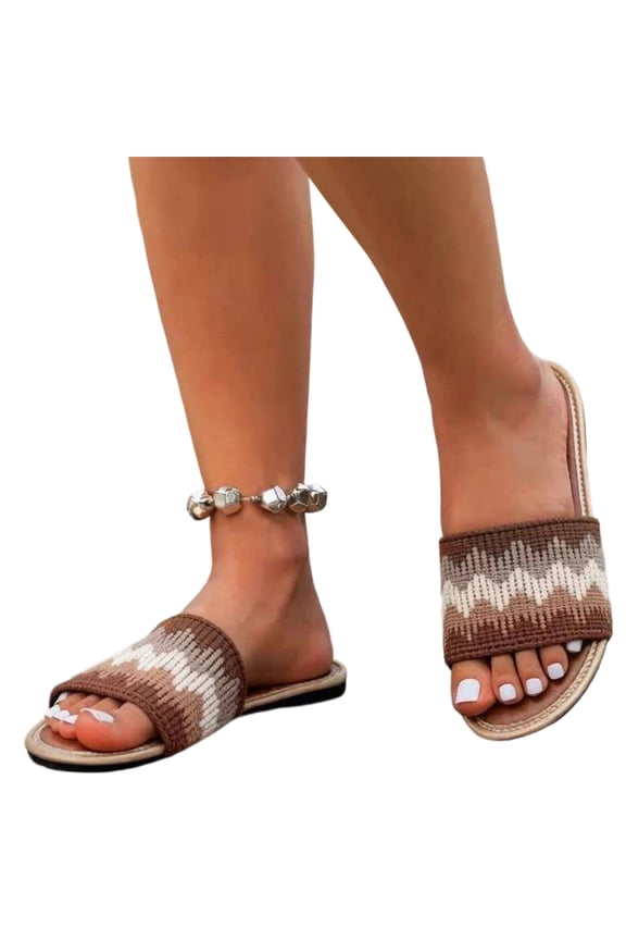 Women's Sandals Fashion Woven Strap Slide Color Block Rainbow Print Comfortable Flat Non Slip Casual Summer Daily Beach Sandals Brown 8 Wide