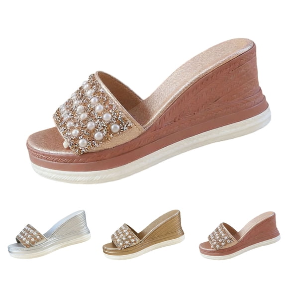 IEMIEMIEM Women's Sandals Pearl Rhinestone Platform Open Toe Slip On Summer Wedges Slides High Heels Wedge Sandals for Women 2026 Comfortable Flatform Sparkly Bohemian Sandal Pink 10 Wide