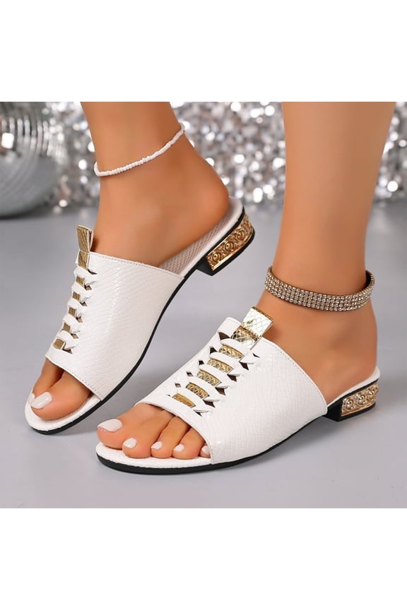Women's Slide Sandals 2026 Comfortable Open Toe Gold Accent Low Heel Snake Print Slip On Dressy Summer Shoes Beige 7 Wide
