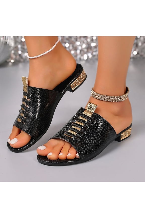Women's Slide Sandals 2026 Comfortable Open Toe Gold Accent Low Heel Snake Print Slip On Dressy Summer Shoes Black 6.5 Wide