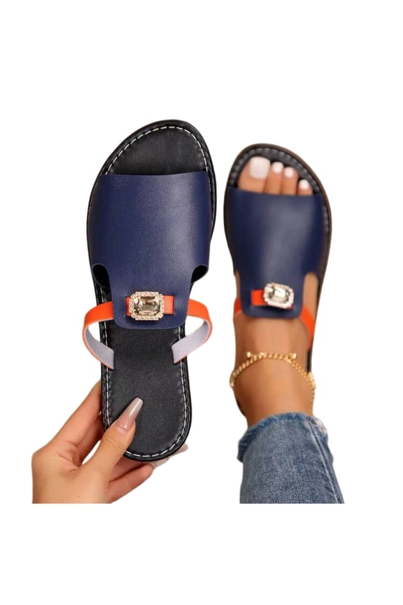 Women's Slip-On Flat Sandals Comfortable Dressy & Casual 2026 Round-Toe Slides for Beach Travel & Everyday Walking Shoes Dark Blue 8 Wide