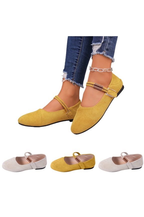 Women's Slip-On Suede Shoes Ballet Mary Jane Flat Walking Shoes, Lightweight Minimalist Comfortable Versatile Design, for Various Occasions, Business Casual Flats Yellow 8 Wide