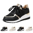 thumbnail image 1 of IEMIEMIEM Women's Sneakers Glitter Mesh Hidden Wedge Metallic Gold Trim Lace Up Platform Height Increasing Fashion Walking Shoes Black 7 Wide, 1 of 8