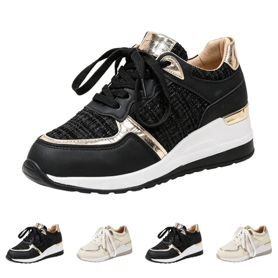 IEMIEMIEM Women's Sneakers Glitter Mesh Hidden Wedge Metallic Gold Trim Lace Up Platform Height Increasing Fashion Walking Shoes Black 7 Wide