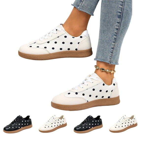 IEMIEMIEM Women's Sneakers Polka Dot Retro Low Top Lace Up Faux Leather Casual Comfort Walking Shoes Fashion Flat Sneakers White 8 Wide