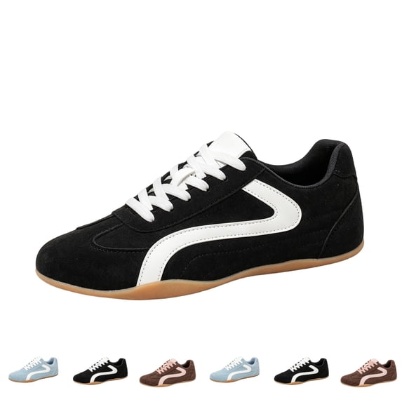 IEMIEMIEM Women's Sneakers Retro Faux Suede Low Top Colorblock Stripe Lace Up Flat Casual Walking Shoes Vintage Fashion Daily Sneakers Black 7.5 Wide