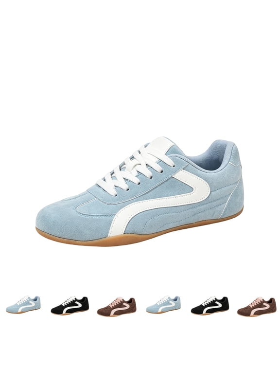 Women's Sneakers Retro Faux Suede Low Top Colorblock Stripe Lace Up Flat Casual Walking Shoes Vintage Fashion Daily Sneakers Blue 7 Wide