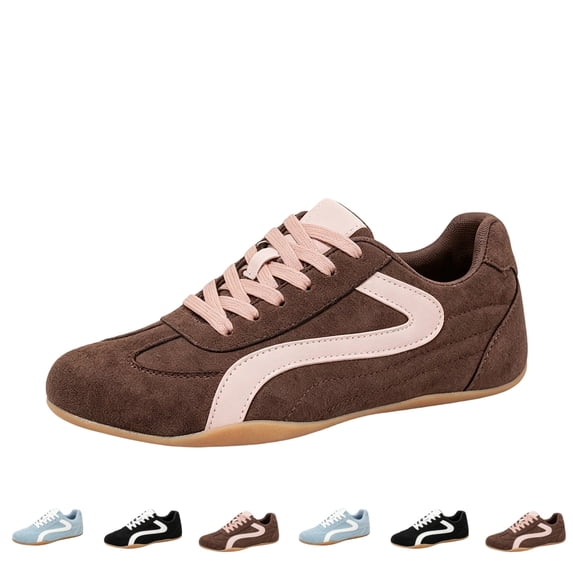 IEMIEMIEM Women's Sneakers Retro Faux Suede Low Top Colorblock Stripe Lace Up Flat Casual Walking Shoes Vintage Fashion Daily Sneakers Brown 5.5 Wide