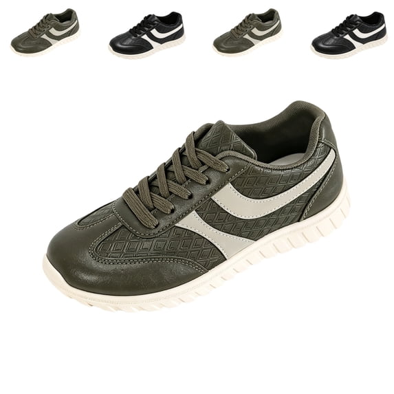 IEMIEMIEM Women's Sneakers Striped Faux Leather Retro Low Top Breathable Mesh Lace Up Comfort Flat Casual Walking Trainers 6.5 wide