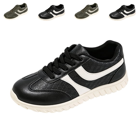 IEMIEMIEM Women's Sneakers Striped Faux Leather Retro Low Top Breathable Mesh Lace Up Comfort Flat Casual Walking Trainers 6.5 wide