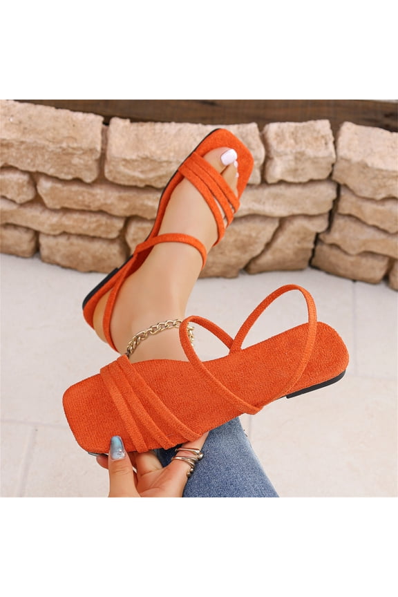 Women's Square Toe Strappy Flat Sandals, Open Toe Slingback 2026 Summer Shoes for Casual & Beach Walking Wear Orange 9 Wide